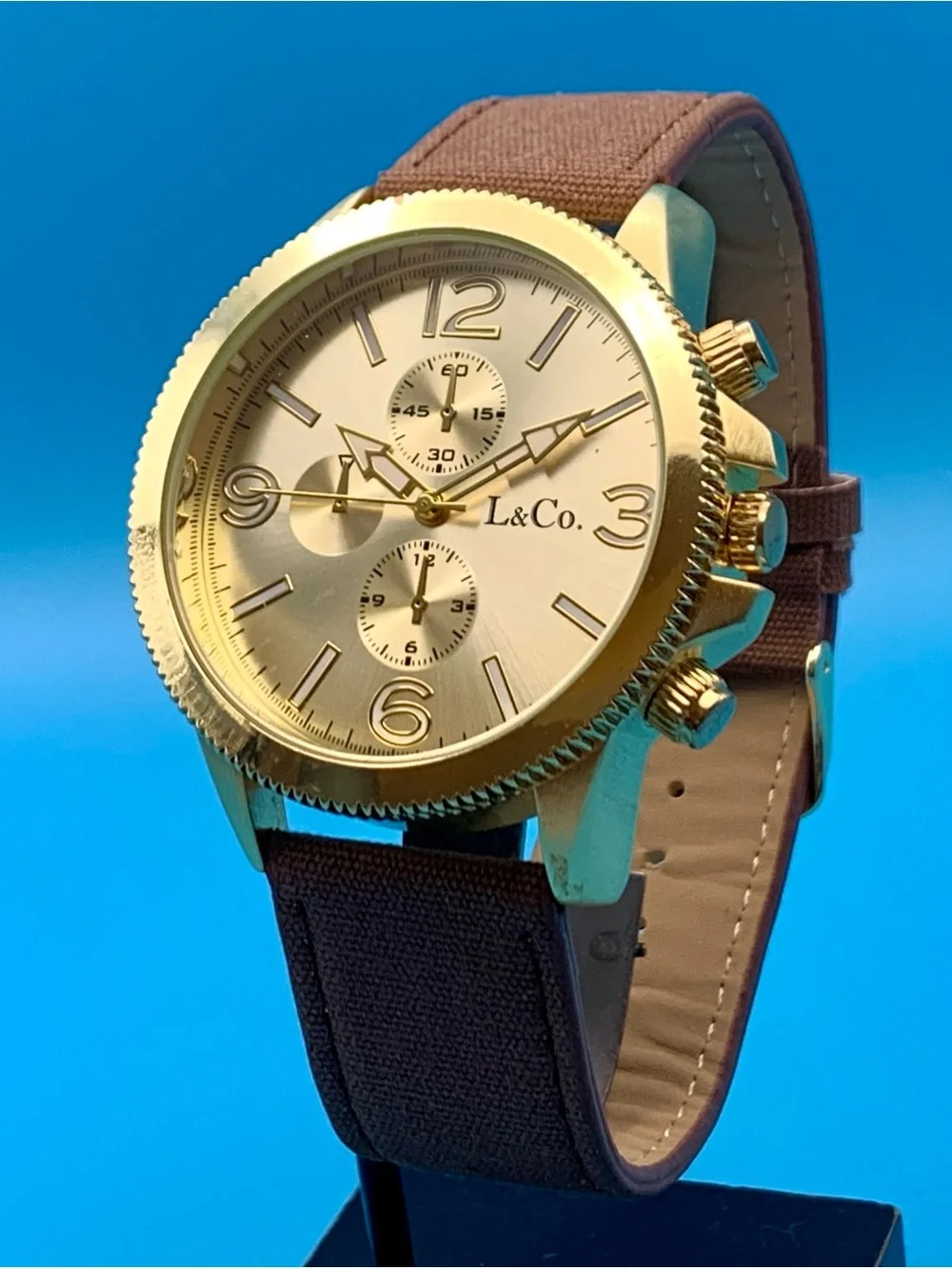 L&CO. Fashion Sport Quartz Wristwatch Faux Subdials Gold Tone Finish Working